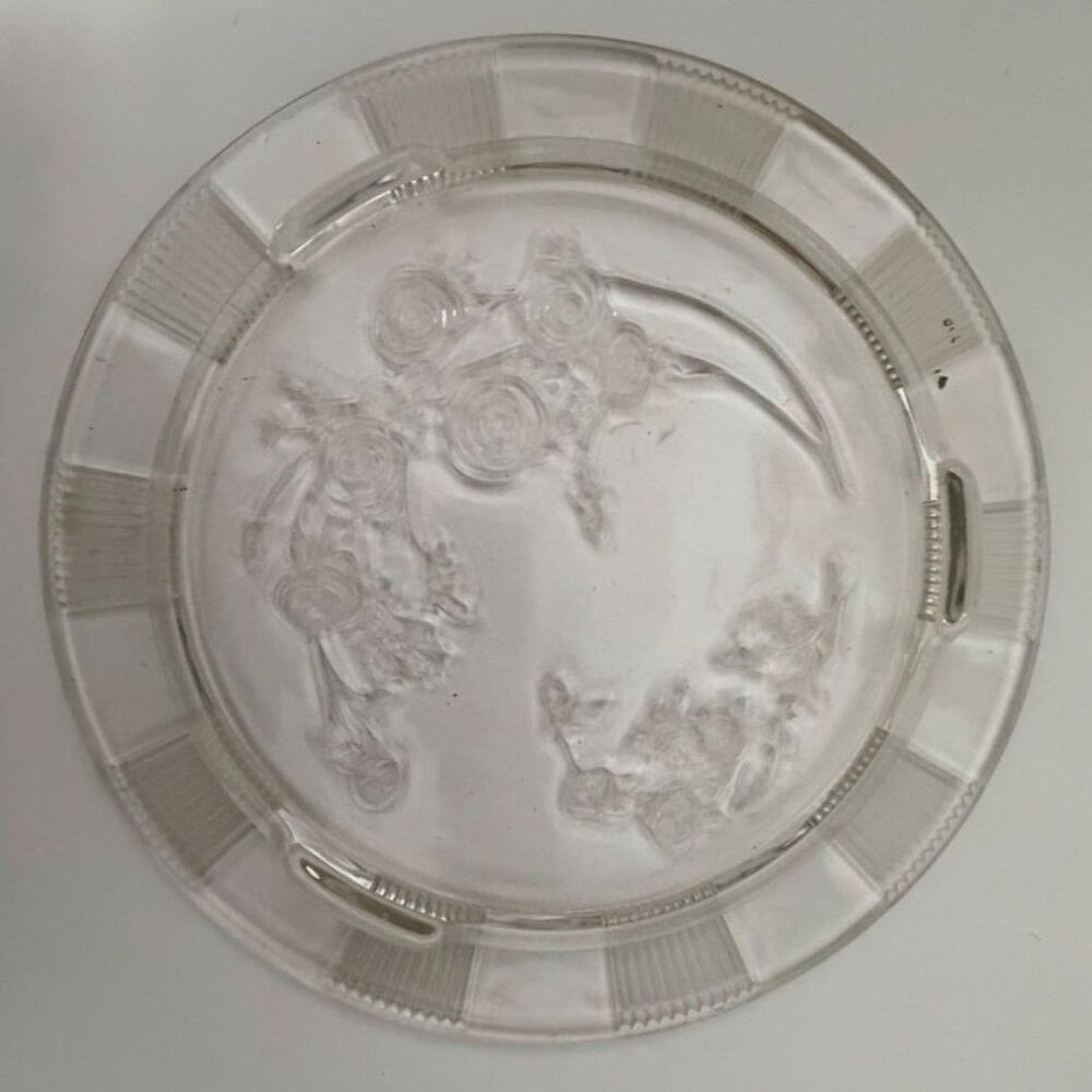 vtg. federal glass sharon cabbage rose pattern clear cake plate